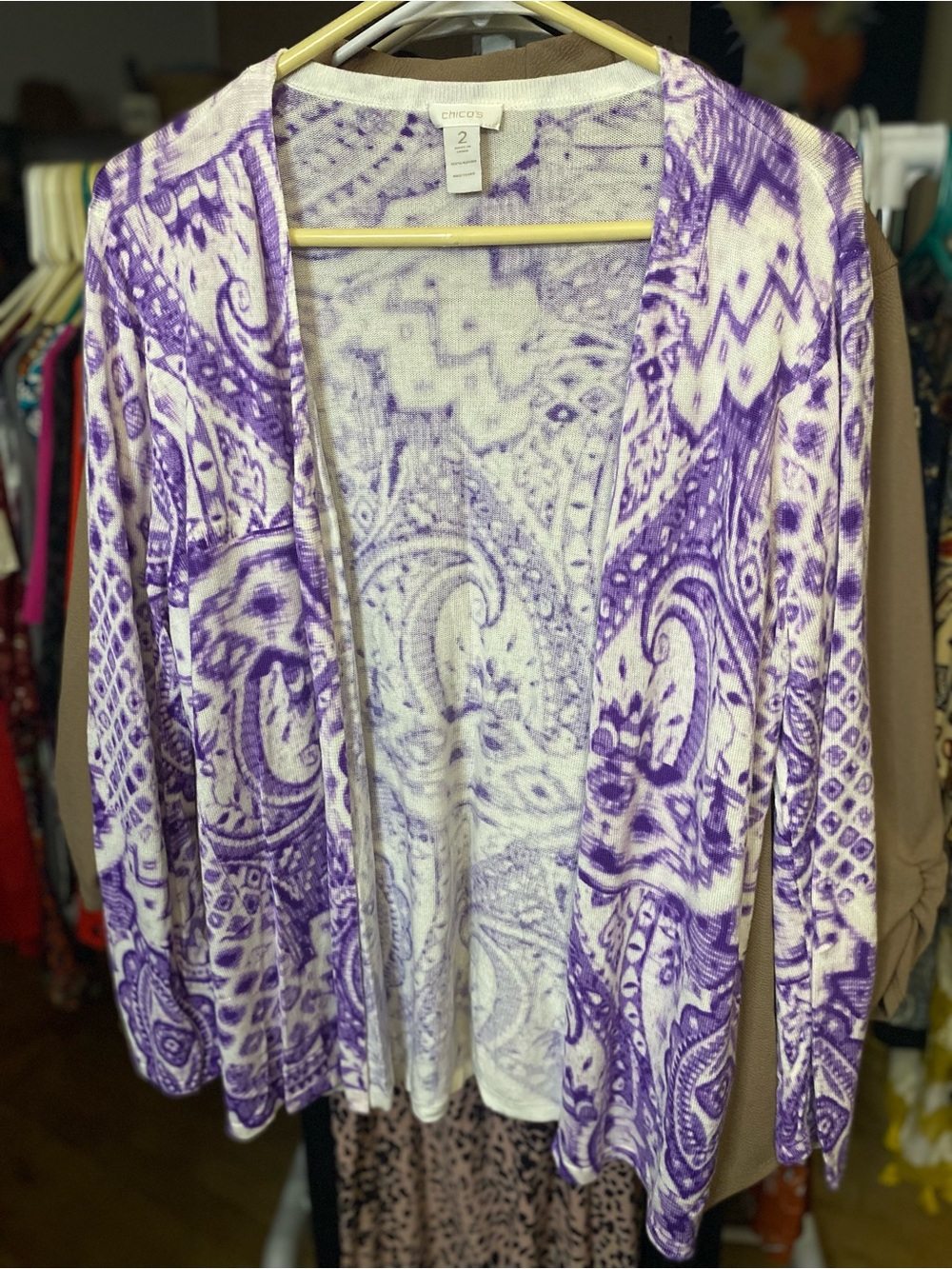 Chico's Purple & White Paisley Open Cardigan